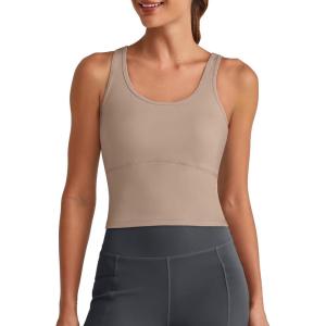 imageG4Free BareFeel Built in Bra Workout Tank Tops Removable Padded Longline Sports Bras Waist Length Athletic TanksToffee