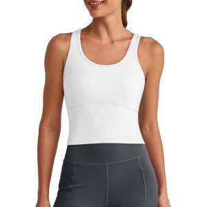 imageG4Free BareFeel Built in Bra Workout Tank Tops Removable Padded Longline Sports Bras Waist Length Athletic TanksWhite