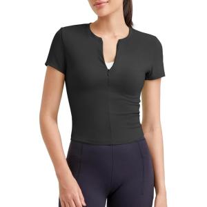 imageG4Free BareFeel Womens Workout Tops Short Sleeve Half Zip Slim Fit Athletic Shirts Gym Running Yoga Slight Crop TshirtsBlack