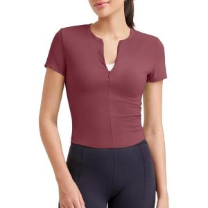 imageG4Free BareFeel Womens Workout Tops Short Sleeve Half Zip Slim Fit Athletic Shirts Gym Running Yoga Slight Crop TshirtsDark Burgundy