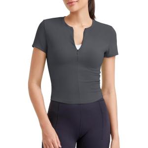 imageG4Free BareFeel Womens Workout Tops Short Sleeve Half Zip Slim Fit Athletic Shirts Gym Running Yoga Slight Crop TshirtsDark Gray