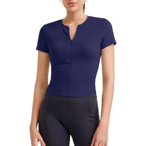 imageG4Free BareFeel Womens Workout Tops Short Sleeve Half Zip Slim Fit Athletic Shirts Gym Running Yoga Slight Crop TshirtsRoyal Blue