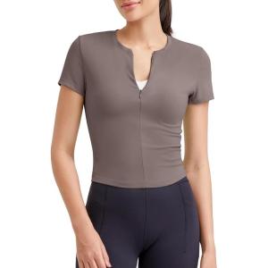 imageG4Free BareFeel Womens Workout Tops Short Sleeve Half Zip Slim Fit Athletic Shirts Gym Running Yoga Slight Crop TshirtsTaupe