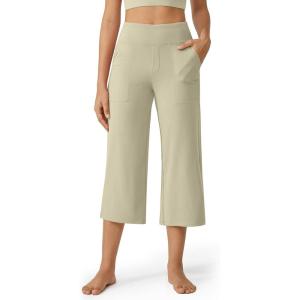 imageG4Free Capri Pants for Women Wide Leg Yoga Dress Cropped Pants Capri Leggings with Pockets for Casual SummerApricot