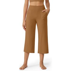imageG4Free Capri Pants for Women Wide Leg Yoga Dress Cropped Pants Capri Leggings with Pockets for Casual SummerCoca Mocha