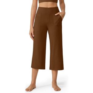 imageG4Free Capri Pants for Women Wide Leg Yoga Dress Cropped Pants Capri Leggings with Pockets for Casual SummerDark Coffee