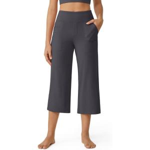 imageG4Free Capri Pants for Women Wide Leg Yoga Dress Cropped Pants Capri Leggings with Pockets for Casual SummerDark Grey