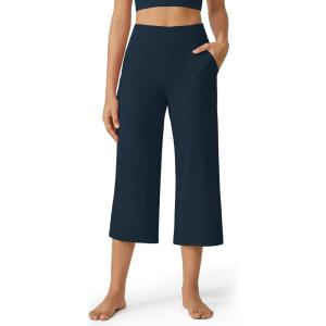 imageG4Free Capri Pants for Women Wide Leg Yoga Dress Cropped Pants Capri Leggings with Pockets for Casual SummerDark Navy