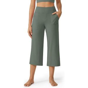 imageG4Free Capri Pants for Women Wide Leg Yoga Dress Cropped Pants Capri Leggings with Pockets for Casual SummerGrey Sage