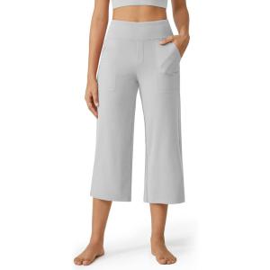 imageG4Free Capri Pants for Women Wide Leg Yoga Dress Cropped Pants Capri Leggings with Pockets for Casual SummerLight Grey