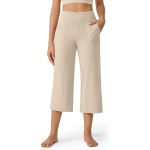 imageG4Free Capri Pants for Women Wide Leg Yoga Dress Cropped Pants Capri Leggings with Pockets for Casual SummerLight Khaki