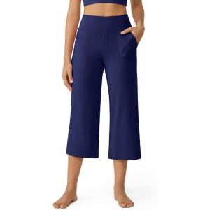 imageG4Free Capri Pants for Women Wide Leg Yoga Dress Cropped Pants Capri Leggings with Pockets for Casual SummerRoyal Blue