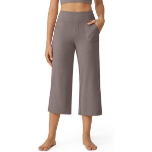 imageG4Free Capri Pants for Women Wide Leg Yoga Dress Cropped Pants Capri Leggings with Pockets for Casual SummerTaupe