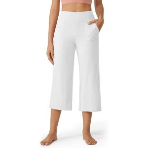 imageG4Free Capri Pants for Women Wide Leg Yoga Dress Cropped Pants Capri Leggings with Pockets for Casual SummerWhite