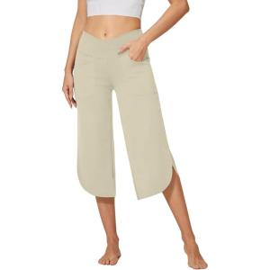 imageG4Free Capri Pants for Women Wide Leg Yoga Pants for Summer Flowy Capris Loose Casual Cropped Pants with PocketsApricot