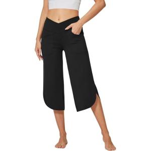 imageG4Free Capri Pants for Women Wide Leg Yoga Pants for Summer Flowy Capris Loose Casual Cropped Pants with PocketsBlack