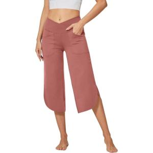 imageG4Free Capri Pants for Women Wide Leg Yoga Pants for Summer Flowy Capris Loose Casual Cropped Pants with PocketsCameo