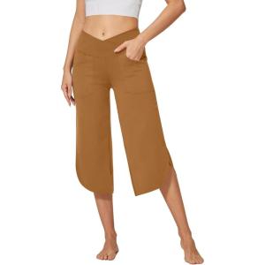 imageG4Free Capri Pants for Women Wide Leg Yoga Pants for Summer Flowy Capris Loose Casual Cropped Pants with PocketsCoca Mocha