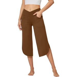 imageG4Free Capri Pants for Women Wide Leg Yoga Pants for Summer Flowy Capris Loose Casual Cropped Pants with PocketsDark Coffee
