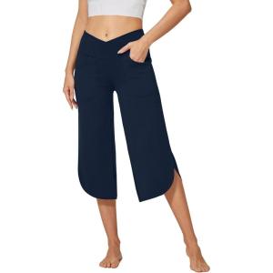 imageG4Free Capri Pants for Women Wide Leg Yoga Pants for Summer Flowy Capris Loose Casual Cropped Pants with PocketsDark Navy