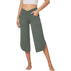 imageG4Free Capri Pants for Women Wide Leg Yoga Pants for Summer Flowy Capris Loose Casual Cropped Pants with PocketsGrey Sage