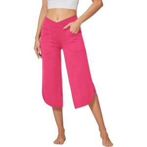 imageG4Free Capri Pants for Women Wide Leg Yoga Pants for Summer Flowy Capris Loose Casual Cropped Pants with PocketsHot Pink