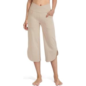 imageG4Free Capri Pants for Women Wide Leg Yoga Pants for Summer Flowy Capris Loose Casual Cropped Pants with PocketsLight Khaki