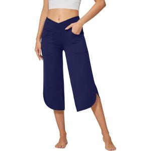 imageG4Free Capri Pants for Women Wide Leg Yoga Pants for Summer Flowy Capris Loose Casual Cropped Pants with PocketsRoyal Blue