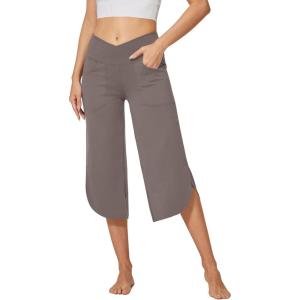 imageG4Free Capri Pants for Women Wide Leg Yoga Pants for Summer Flowy Capris Loose Casual Cropped Pants with PocketsTaupe