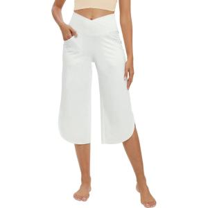 imageG4Free Capri Pants for Women Wide Leg Yoga Pants for Summer Flowy Capris Loose Casual Cropped Pants with PocketsWhite