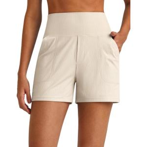 imageG4Free Comfy Ribbed Womens Shorts Dressy Casual High Waisted Athletic Lounge Trouser Shorts with Side PocketsLight Khaki