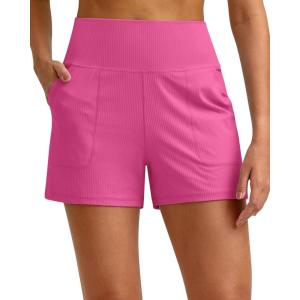 imageG4Free Ribbed Stretchy Womens Shorts Casual High Waisted Athletic Running Golf Lounge Shorts with PocketsHot Pink