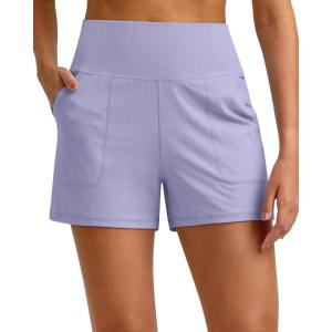 imageG4Free Ribbed Stretchy Womens Shorts Casual High Waisted Athletic Running Golf Lounge Shorts with PocketsLavender
