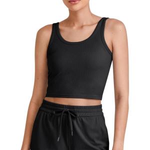 imageG4Free Workout Tank Tops for Women Slim Fitted U Neck Ribbed Athletic Gym Yoga Cropped Tanks Summer CasualBlack