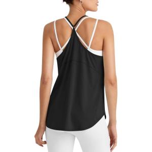 imageG4Free Athletic Tank Tops for Women Lightweight Muscle Workout Gym Tops Fast Dry YBack Loose Fit Running ShirtsBlack