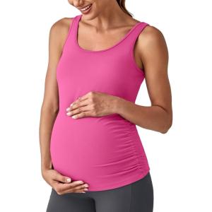 imageG4Free BareFeel Built in Bra Maternity Tank Tops with Removable Pads Ruched Sleeveless Stretchy Pregnancy Yoga Workout ShirtsHot Pink