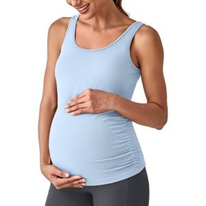 imageG4Free BareFeel Built in Bra Maternity Tank Tops with Removable Pads Ruched Sleeveless Stretchy Pregnancy Yoga Workout ShirtsLight Demin
