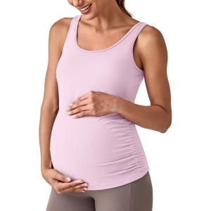 imageG4Free BareFeel Built in Bra Maternity Tank Tops with Removable Pads Ruched Sleeveless Stretchy Pregnancy Yoga Workout ShirtsPink