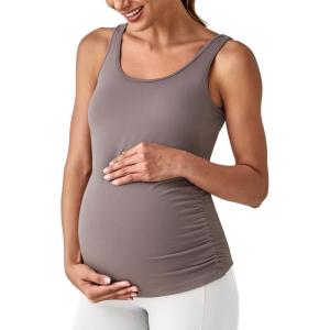 imageG4Free BareFeel Built in Bra Maternity Tank Tops with Removable Pads Ruched Sleeveless Stretchy Pregnancy Yoga Workout ShirtsTaupe