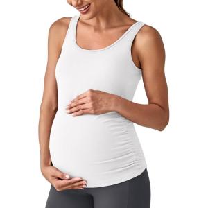 imageG4Free BareFeel Built in Bra Maternity Tank Tops with Removable Pads Ruched Sleeveless Stretchy Pregnancy Yoga Workout ShirtsWhite