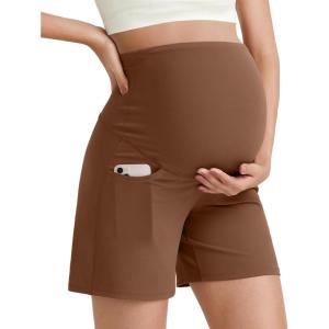 imageG4Free BareFeel Maternity Athletic Shorts with Pockets Over The Belly Workout Pants Comfy Summer Pregnancy ClothesDark Coffee