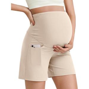 imageG4Free BareFeel Maternity Athletic Shorts with Pockets Over The Belly Workout Pants Comfy Summer Pregnancy ClothesLight Khaki