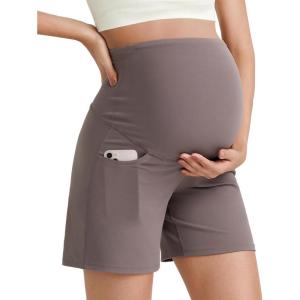 imageG4Free BareFeel Maternity Athletic Shorts with Pockets Over The Belly Workout Pants Comfy Summer Pregnancy ClothesTaupe