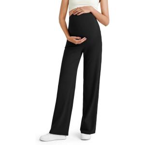 imageG4Free BareFeel Maternity Dress Yoga Pants Over The Belly Stretchy Work Slack Pregnancy Wide Leg Lounge TrousersBlack