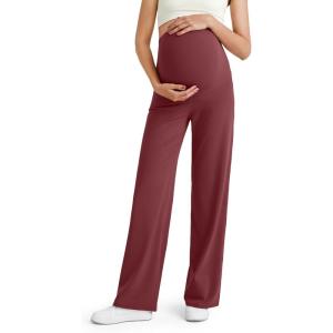 imageG4Free BareFeel Maternity Dress Yoga Pants Over The Belly Stretchy Work Slack Pregnancy Wide Leg Lounge TrousersDark Burgundy