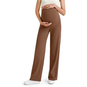 imageG4Free BareFeel Maternity Dress Yoga Pants Over The Belly Stretchy Work Slack Pregnancy Wide Leg Lounge TrousersDark Coffee