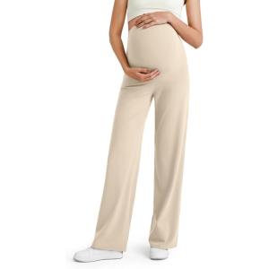 imageG4Free BareFeel Maternity Dress Yoga Pants Over The Belly Stretchy Work Slack Pregnancy Wide Leg Lounge TrousersLight Khaki