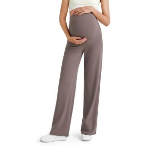 imageG4Free BareFeel Maternity Dress Yoga Pants Over The Belly Stretchy Work Slack Pregnancy Wide Leg Lounge TrousersTaupe