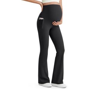 imageG4Free BareFeel Maternity Flare Leggings with Pockets Over The Belly Stretchy Casual Lounge Pregnancy Dress Pants for WorkBlack