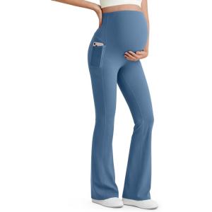 imageG4Free BareFeel Maternity Flare Leggings with Pockets Over The Belly Stretchy Casual Lounge Pregnancy Dress Pants for WorkBlue Gray